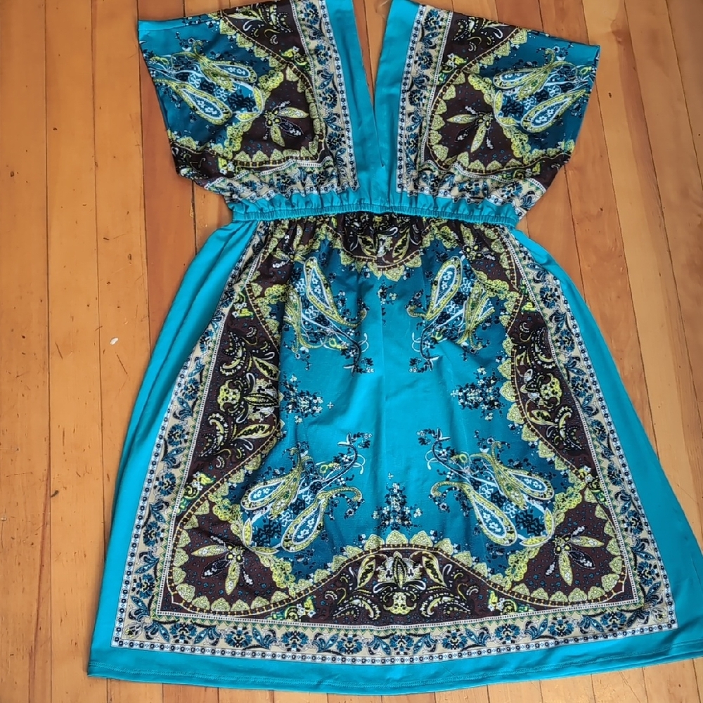 Bailey Blue Teal and Brown Paisley Midi Dress Polyester Large